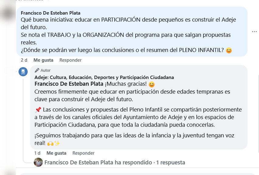 Captura de respuesta pública de Adeje Participación Ciudadana