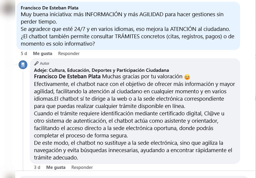 Captura de respuesta pública sobre chatbot y trámites